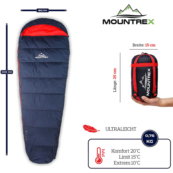 Спальний мішок MOUNTREX ультралегкий 760г, компактний, літній, мумія, для кемпінгу, подорожей, фестивалів, 100GSM, теплий, з'єднуваний, темно-синій/червоний