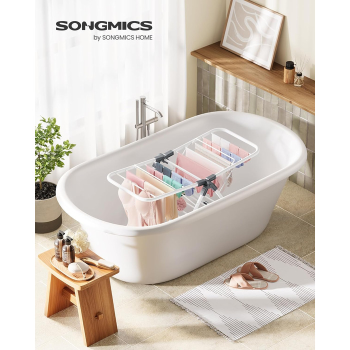 Сушарка для білизни SONGMICS, складна, з 2 крилами, металева, компактна, для ванної, балкона, 44×101×54 см, біла