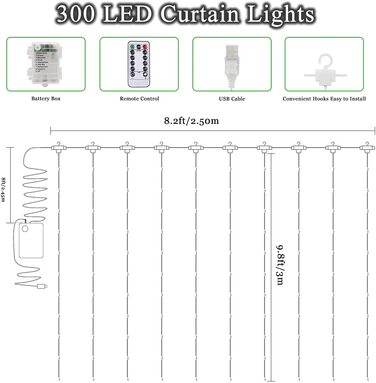 LED світловий завіса 3x3 м 300 LED, тепле біле світло, водонепроникна, USB/батарея, 8 режимів, таймер, пульт, для декору спальні та вечірок