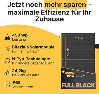 Сонячна панель Solakon 450W Bifacial Glass-Glass N-Type, монокристалічний сонячний модуль 40V для фотоелектричних систем та балконних електростанцій (комплект 2 шт)
