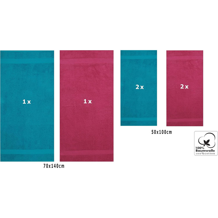 Набір рушників Betz Palermo 6 шт: 2 банних 70x140 см, 4 для рук 50x100 см, сауна, лежак, колір бірюзовий та журавлинний