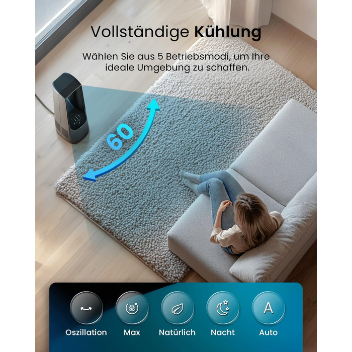 Pro Breeze Вентилятор без лопатей 101 см з LED дисплеєм та пультом - вежа, 6 швидкостей, 5 режимів, автоколивання 60°, таймер 7 годин, Smart App, чорний