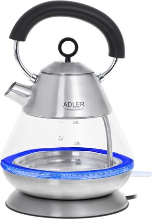 Електричний чайник Adler AD 1282 скляний 1,5 л, підсвітка, бездротовий, BPA-free, автоматичне вимкнення, 2200 Вт, вінтажний дизайн, прозорий/сталь