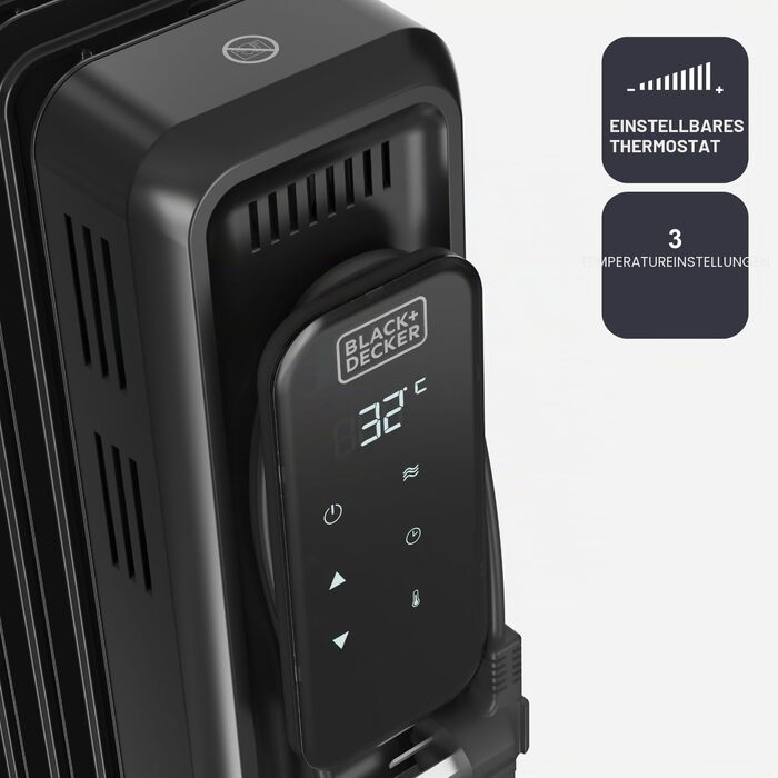 Масляний радіатор BLACK+DECKER BXRA2300E, 2500 Вт, 11 секцій, з термостатом та захистом від перегріву, чорний