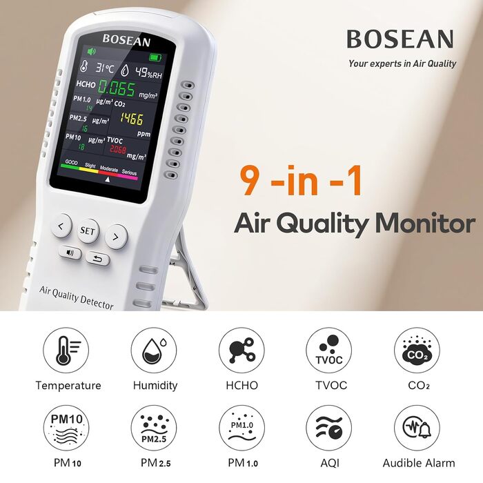 Аналізатор якості повітря 9 в 1 T-Z01: вимірювач CO2, TVOC, HCHO, PM2.5, PM10, PM1.0, температури та вологості для дому, офісу та школи