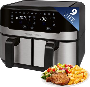 ProfiCook Подвійна аерофритюрниця 9 л XXL, 2400 Вт, 9 програм, сенсорне управління, подвійна камера, без олії