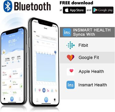Розумні ваги INSMART для аналізу складу тіла, Bluetooth, додаток, вимірювання жиру, ІМТ, пульсу, м'язової маси, води, білка, кісткової маси, BMR, білі
