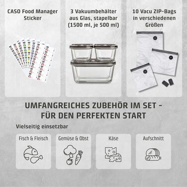 Акумуляторний вакууматор CASO Vacu OneTouch Eco-Set з 3 скляними контейнерами, 10 ZIP-пакетами та стікерами Food Manager, чорний