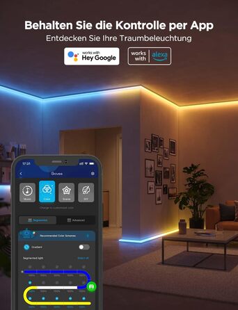 Світлодіодна стрічка Govee RGBIC 5м з LED-профілем, сумісна з Alexa та Google Assistant, ігрова LED-шина для спальні, цоколя, меблів, 64 режими