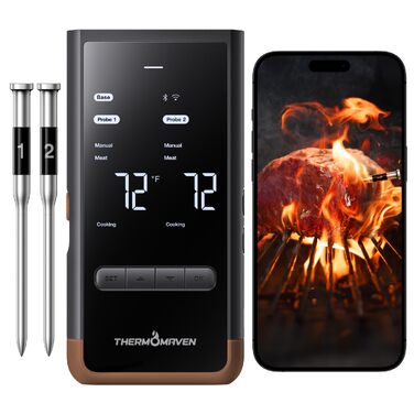 Розумний бездротовий термометр для м'яса ThermoMaven з базовою станцією, Bluetooth та WLAN, 2 щупи (6 сенсорів), NIST-сертифікований, для смокера, духовки та BBQ, коричневий