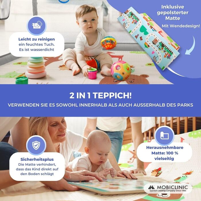 Дитячий манеж Mobiclinic Kids з ігровим килимком, складаний, 125x125 см, з бічним входом, сірий, дихаюча сітка, переносна сумка, без запаху, легко миється, безпечний