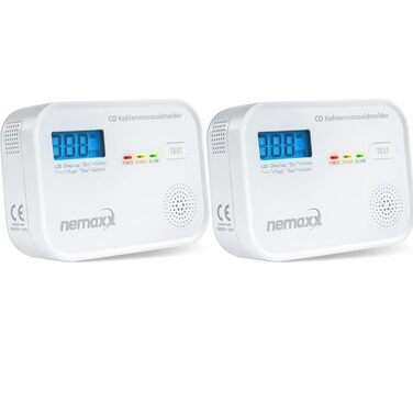 Детектор чадного газу NEMAXX® CM18 з LCD-дисплеєм, електрохімічний сенсор, 85 дБ, стандарт EN 50291-1:2018, термін служби 10 років (набір 2 шт.)
