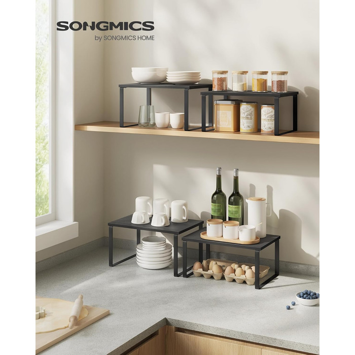 Набір кухонних полиць для спецій SONGMICS (2 шт), розширюваний органайзер для шафи та кухні, металевий з дерев'яними вставками, чорний (KCS200W01)