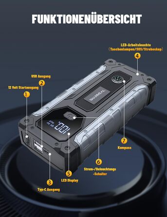 Powerbank для авто SHARMEAL 6000A: старт для бензинових та дизельних двигунів (до 10 л), 12V, LCD, LED ліхтарик
