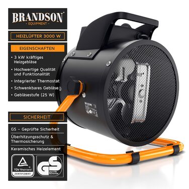 Керамічний електрообігрівач Brandson 3000 Вт з турбовентилятором, захистом від перегріву, для будівництва, дому, гаража та майстерні, сушарка повітря