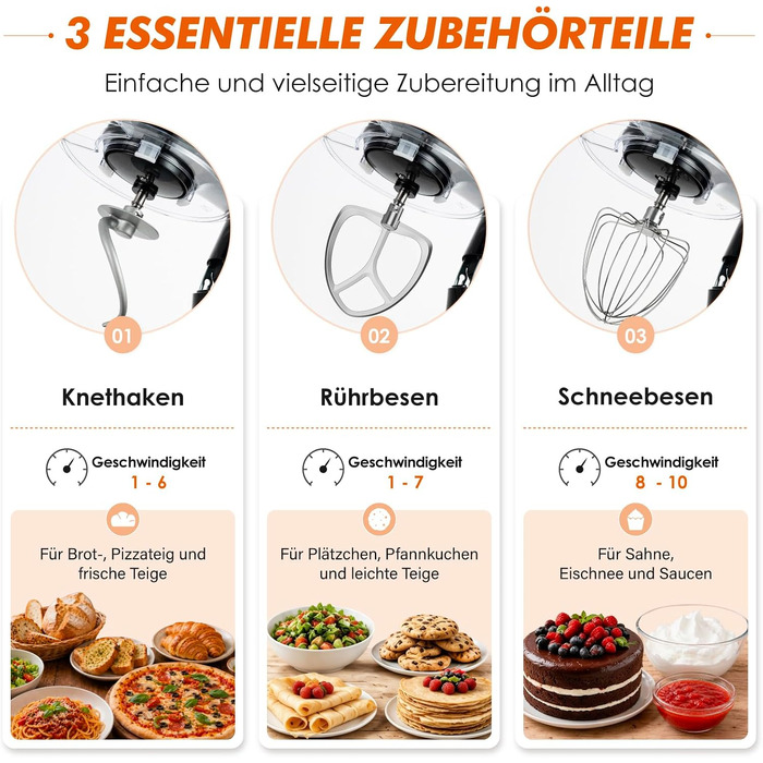 Кухонний комбайн Kitchen in the box Kompakte — планетарний міксер та тістоміс 3.5-5л, 10 швидкостей, з насадками (гак, вінчик, міксер), чорний