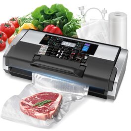 Вакууматор MZROT для продуктів харчування, -95кПа, 230Вт, з подвійним швом, 10 режимів (сухий/вологий), вбудованим різаком, чорно-сріблястий (в комплекті рулон та 15 пакетів)