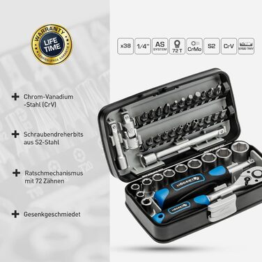 Набір інструментів Högert Technik 38 предметів: валіза з інструментами, тріскачковий набір, набір торцевих головок, біти 1/4