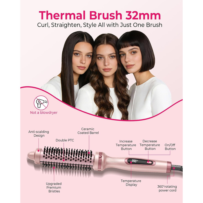 UKLISS Hairstyler 5 в 1: Фен-щітка, стайлер для волосся, плойка, насадки для об'єму та випрямлення (Класичний Рожевий)