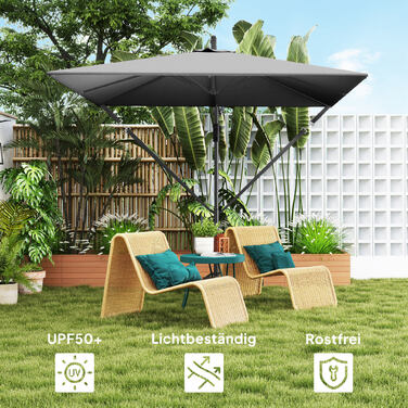 Парасолька Outsunny Centilever Ø260 см із захистом від ультрафіолету 50+ Водовідштовхувальна кривошипна парасолька з підставкою, чохлом, кривошипом, вітрозахисним склом, ринковою парасолькою Нахилена садова парасолька для балконного патіо сірого кольору