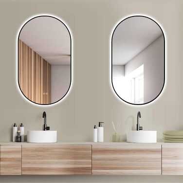 Дзеркало LED HOKO Design ANTIBESCHLAG овальне 45x75 см Bologna+ Metall Rahmen Schwarz. LED підсвічування, сенсорна кнопка, регулювання кольору світла (тепле біле, холодне біле, нейтральне), антизапарник, монтаж HOCH+QUER, 75L x 45B см