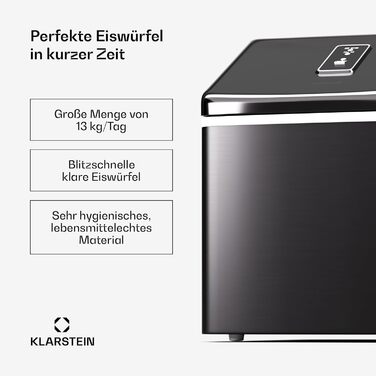 Льодогенератор Klarstein, нерж. сталь, 13 кг/24 год, сенсорний екран, прозорі кубики льоду, енергоефективний, для вечірок, чорний