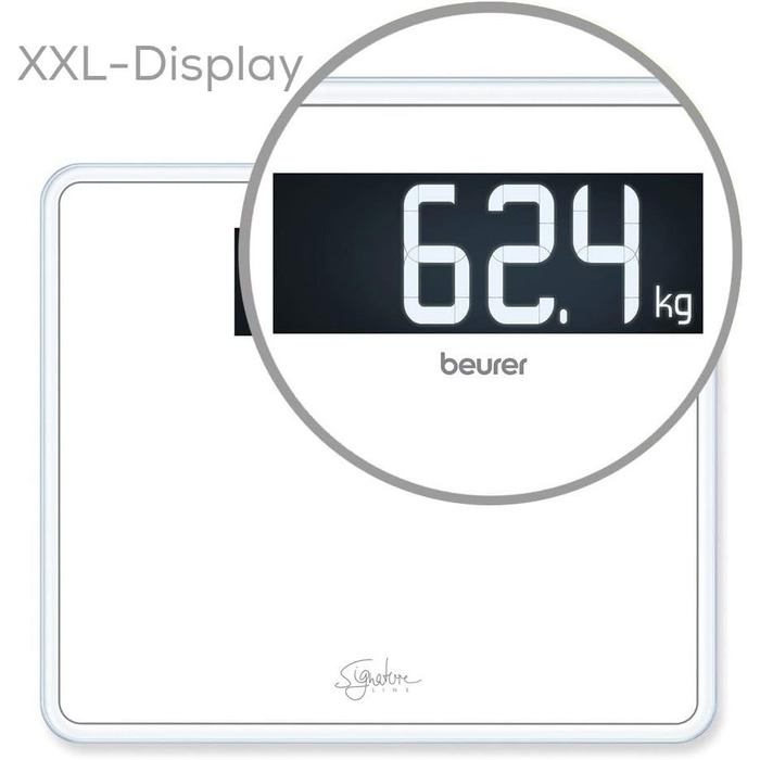 Ваги для людей Beurer GS 410 Signature Line, білі, скляні, з великою платформою 35x30 см, максимальна вага 200 кг, чорний XXL-дисплей, супербіле безпечне скло