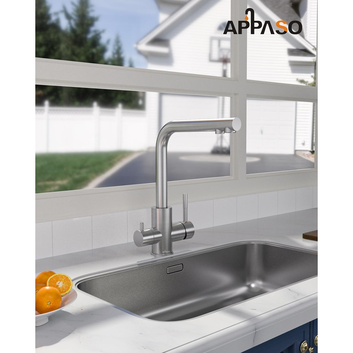 Змішувач кухонний APPASO 3 в 1 з фільтром для води, нержавіюча сталь, поворотний на 360°, двовентильний