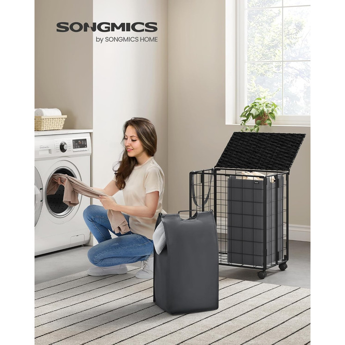 Кошик для білизни SONGMICS 110 л, 2 відділення, складаний, з колесами, з кришкою, знімний мішок, 57x33x65 см, чорний+сірий
