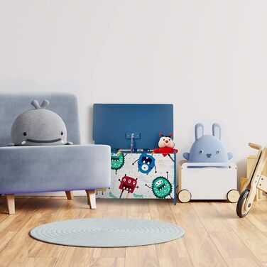 Скриня для іграшок Relaxdays у вигляді монстра, з кришкою, 50x60x36,5 см, МДФ, ігровий ящик синьо-білий