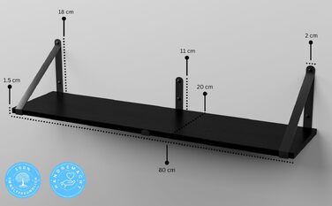 Настінні плаваючі полиці CASSA ZENO 80x20 см, дерев'яні полиці для книг у вітальню, спальню, офіс, кухню, чорна металева фурнітура