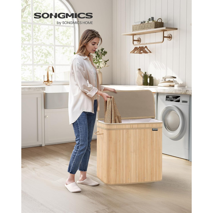 Бамбуковий кошик для білизни SONGMICS з кришкою, знімний мішок, 150 л, натуральний бежевий, для пральні, спальні, вітальні