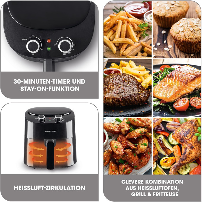 Аерофритюрниця GOURMETmaxx 4,5 л, 1400 Вт, 8 програм, LCD-дисплей, таймер, сталева, чорна – електрична фритюрниця для здорового приготування без олії