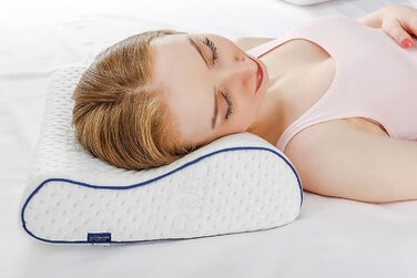Подушка для подорожей Alkamto з ергономічною формою, memory foam, температурний контроль, додатковий бавовняний чохол, сумка для транспортування, 35x30x10/8 см, біла, для кемпінгу та сну