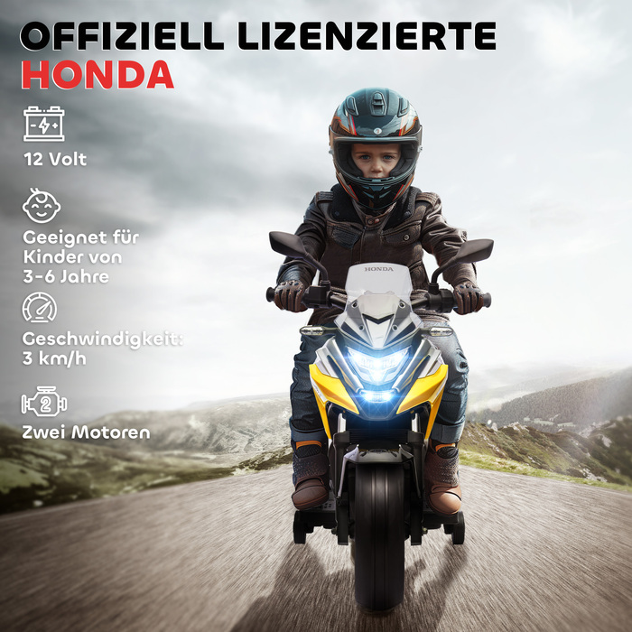 Електромотоцикл для дітей Honda, 3 км/год, музика та світло, для дітей 3-6 років, до 30 кг, жовтий
