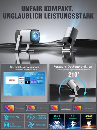 Mini проєктор 1080P з WiFi, Bluetooth, Dolby Audio та автофокусом, XuanPad, 210° обертання, фільтр пилу та система охолодження