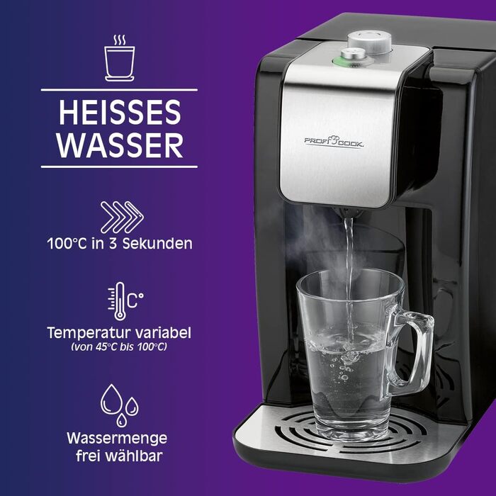 Диспенсер для гарячої води ProfiCook PC-HWS 1145, корпус з нержавіючої сталі, гаряча вода одним натисканням кнопки приблизно за 3 секунди, LED-дисплей із сенсорним керуванням, 2600 Вт (резервуар для води 2,2 літра)