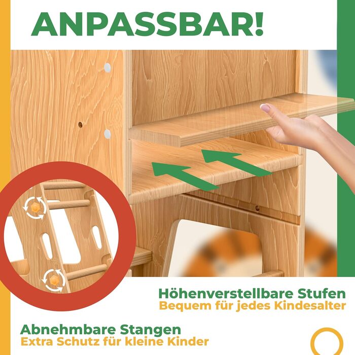 Дитяча помічниця кухня KIDIZ Montessori: регульований стілець-підставка з соснового дерева для дітей від 1 року, з навчальним годинником, витримує до 50 кг