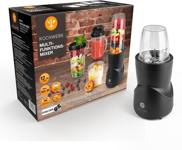 Блендер KOCHWERK Smoothie Maker 12-в-1, 4 чаші, To-Go кришка, подрібнення льоду, для фруктів, овочів і горіхів, міні-стаціонарний, BPA-Free, чорний