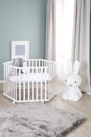 Дитячий манеж шестикутний roba з вкладкою Miffy, 3-рівневе регулювання, мобільний дерев'яний білий манеж на колесах