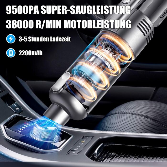 Автомобільний ручний пилосос SIMWAL, бездротовий акумуляторний, 9500PA, портативний, міні пилосос, 30 хв роботи, USB зарядка, з миється HEPA фільтром та LED підсвіткою, для авто, дому, кухні, офісу