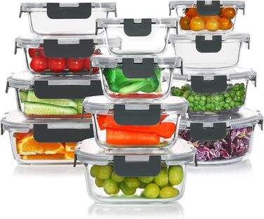 Набір скляних контейнерів для зберігання продуктів Komuee (24 шт.) з кришками, BPA-free, для мікрохвильовки та посудомийної машини, сірий
