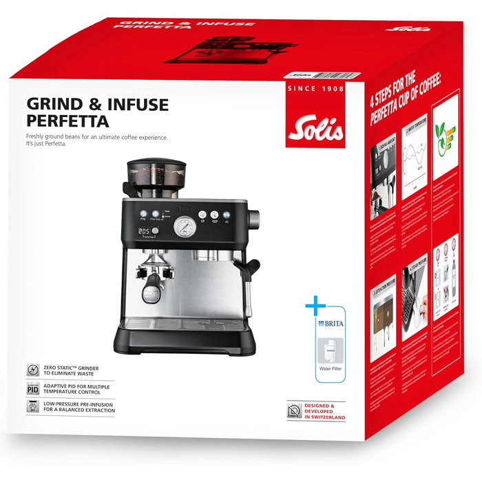 Кавомашина Solis Grind & Infuse Perfetta 1019 з вбудованою кавомолкою та функцією приготування еспресо, капучино та гарячої води (чорна)