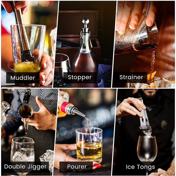 Набір для коктейлів Boston Cocktail Set 16 предметів з нержавіючої сталі, професійний, 600/450 мл, з аксесуарами для бару, бамбуковий підставка, подарунковий набір