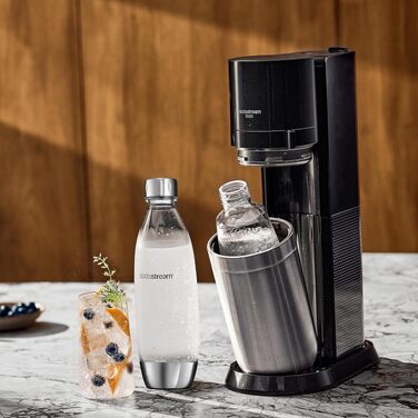Сифон для газування води SodaStream Duo з скляним і пластиковим пляшками по 1 л, циліндр CO2 на 60 л, чорний (Stainless Finish)