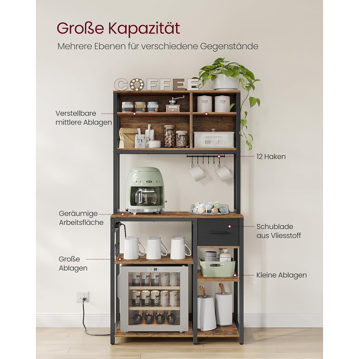 Стелаж для кухні VASAGLE з розетками та полицями, 80x40x180.4 см, кухонний стелаж з висувною шухлядою та 12 гачками, регульовані полиці, колір: вінтажний коричневий/чорний (KKS015K03)