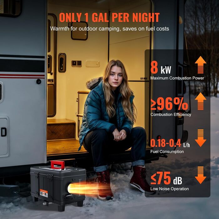 Дизельний обігрівач VEVOR 8 кВт 12/24 В з Bluetooth, пульт, дисплей, CO-датчик, горизонтальний, портативний