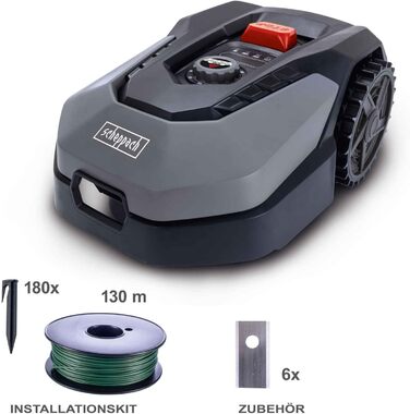 Робот-газонокосарка Scheppach RoboCut XL600 для газонів до 600 м², 18 см, WiFi, регулювання через додаток, сенсор дощу, 35% нахилу, станція, 9 лез, 130 м кабелю, 180 гачків