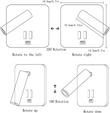 Настінна світлодіодна лампа TWSXTE з USB, поворотна, для спальні, читання, чорна, квадратна, 3000K, 3W+10W