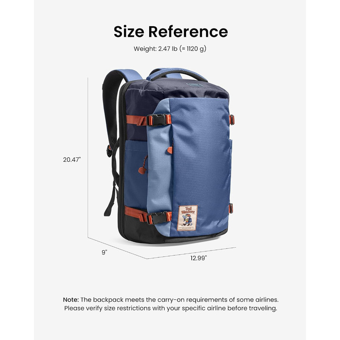 Дорожній рюкзак tomtoc 28L/40L для подорожей та літака, TSA-сумісний рюкзак для ручної поклажі (Coastal Blue-ripstop)